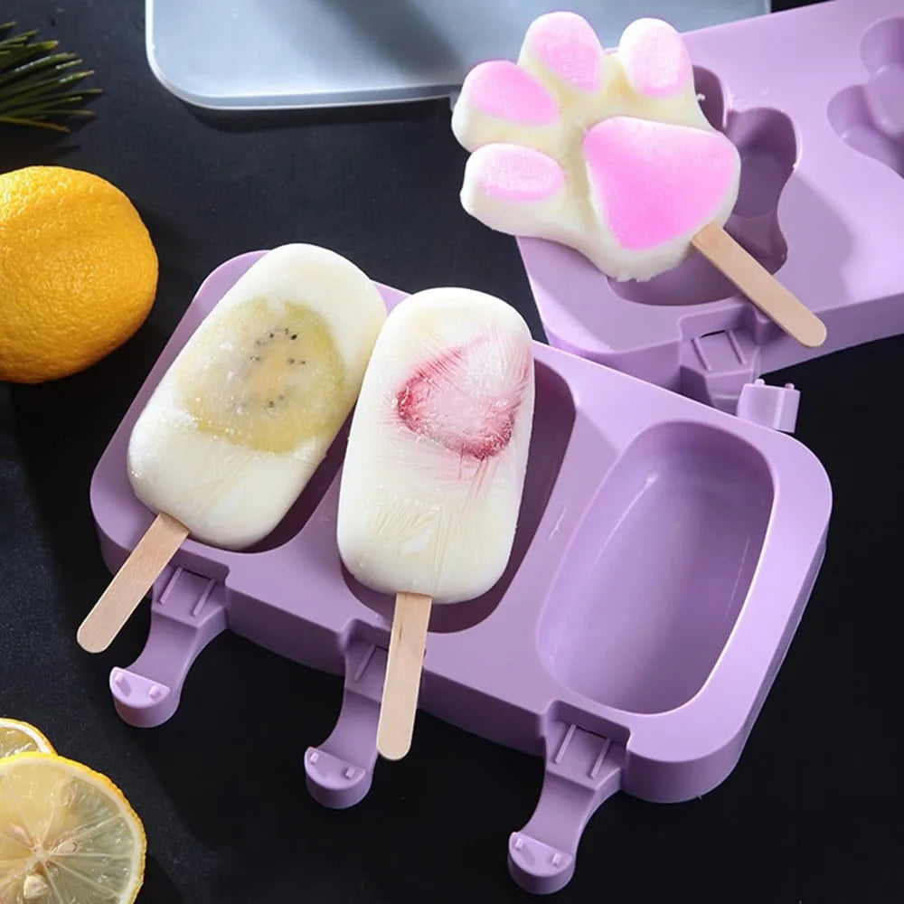 Silicone Ice Cream Mold Popsicle Siamese Molds with Lid DIY Reusable Ice Lolly Mold Cartoon Cute Image Handmade Easy Release