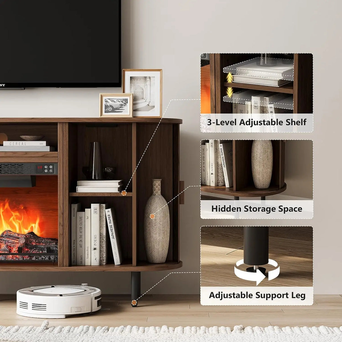 ONBRILL 63" Fluted Electric Fireplace TV Stand w/23" LED Flame Heater for Living Room, Media Console Storage Cabinet