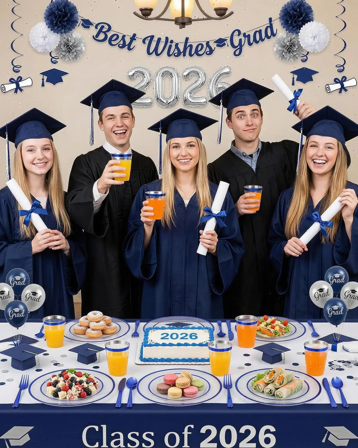 Disposable Party Dinnerware Set – 350 Pieces, Dark Blue Plastic, Includes 100 Clear Plates, 50 Pre-Rolled Napkins with Cutlery Set, 50 Cups, Serves 50 Guests, Ideal for Graduation, Birthday Celebrations