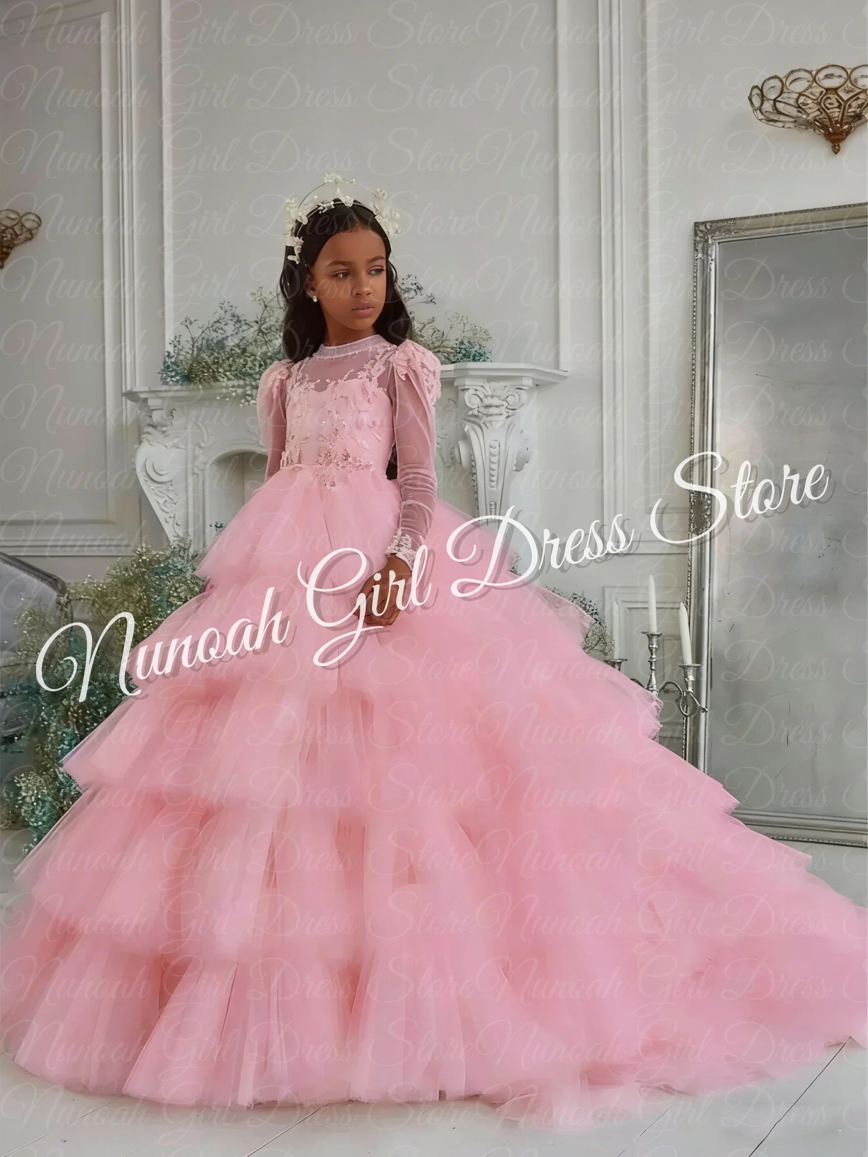 Customized White Flower Girl Dresses Tulle Tiered Flory with Tailing Long Sleeve for Wedding Birthday Party First Communion Gown