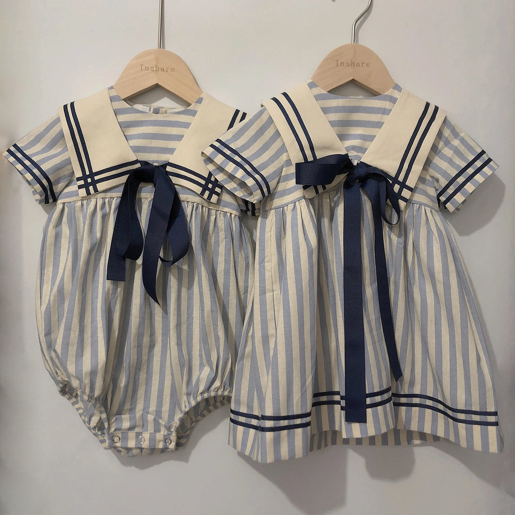 Children Boutique Clothing Baby Boys Girls Blue Striped Navy Tie Bubble Romper Vintage Cotton Siblings Outfit Birthday Dress