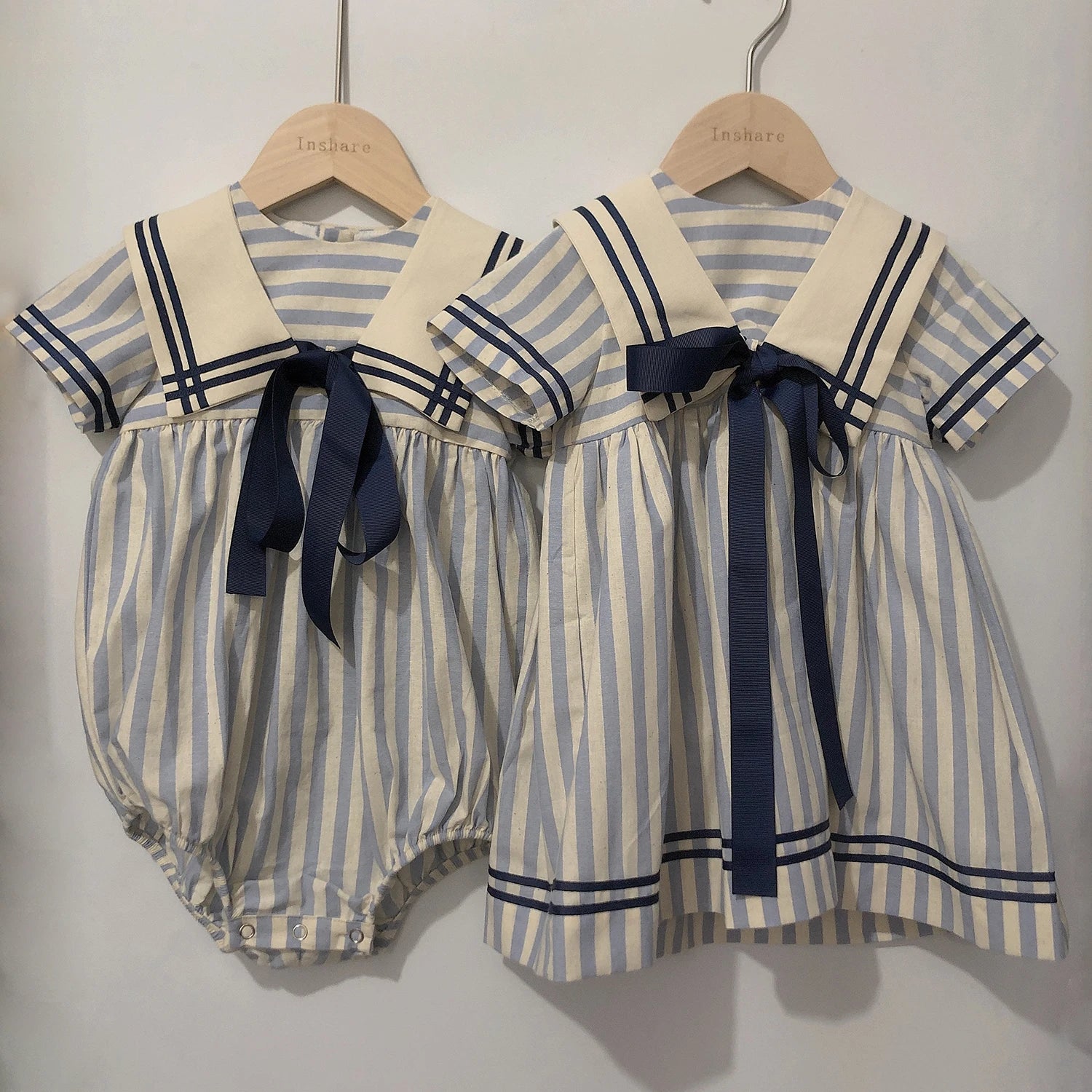 Children Boutique Clothing Baby Boys Girls Blue Striped Navy Tie Bubble Romper Vintage Cotton Siblings Outfit Birthday Dress