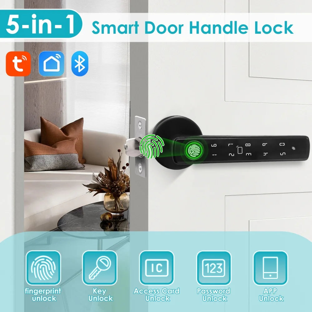 YFK Tuya 5-in-1 Smart Door Handle Lock Bluetooth Fingerprint Keyless Entry Lock Fake PIN NFC IC Card Temporary Password APP Remote Unlock Interior Smart Life Lock for Home Apartment Office Wooden Door