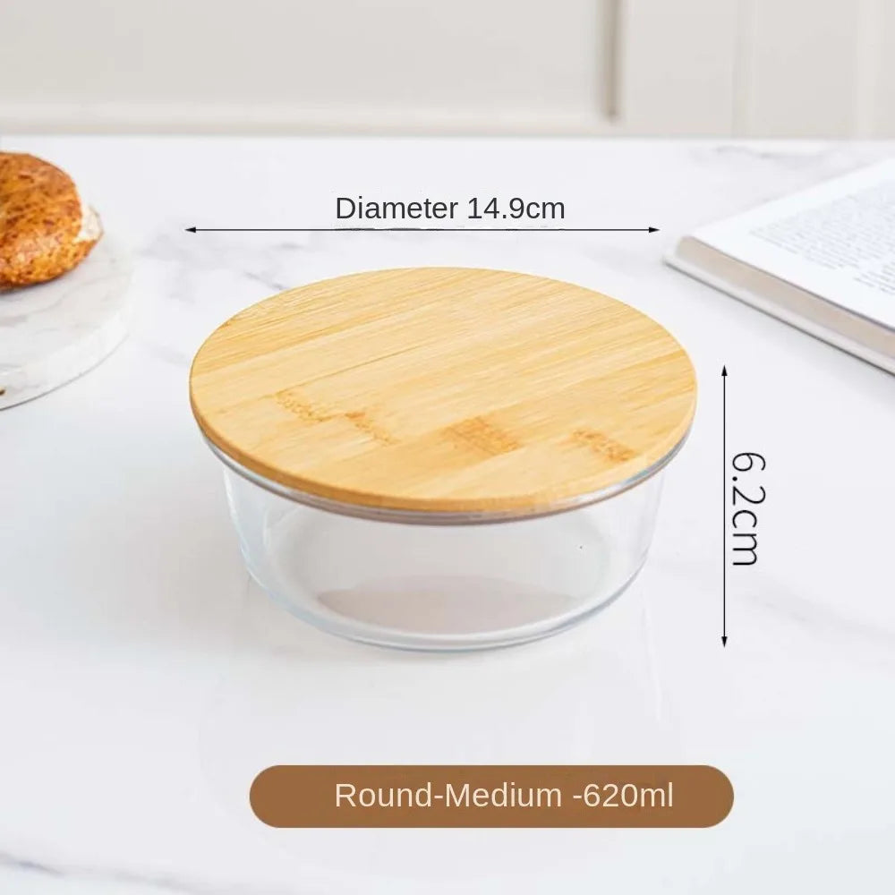 Glass Fresh-Keeping Box Heat-Resistant Bamboo Lid Microwave Oven Lunch Box Leakproof High Borosilicate Office Worker Bento Box