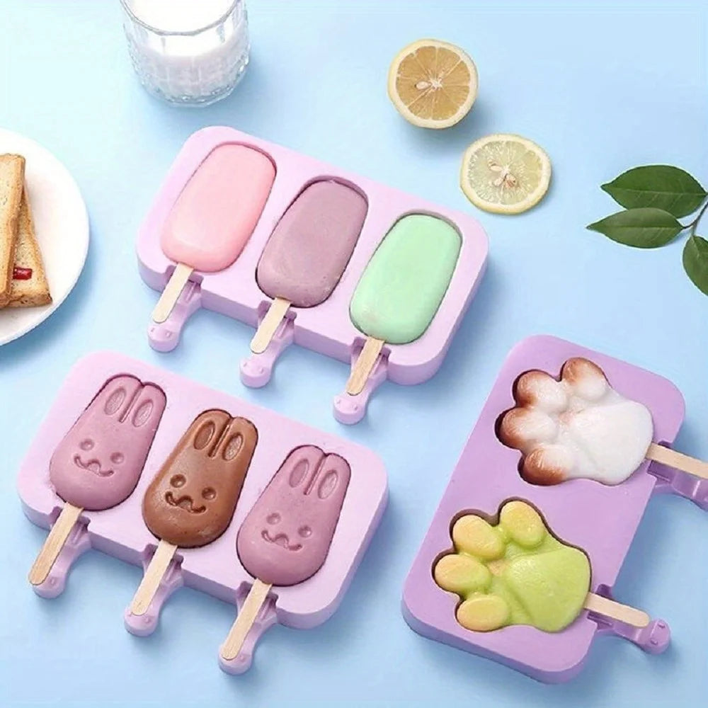 Silicone Ice Cream Mold Popsicle Siamese Molds with Lid DIY Reusable Ice Lolly Mold Cartoon Cute Image Handmade Easy Release