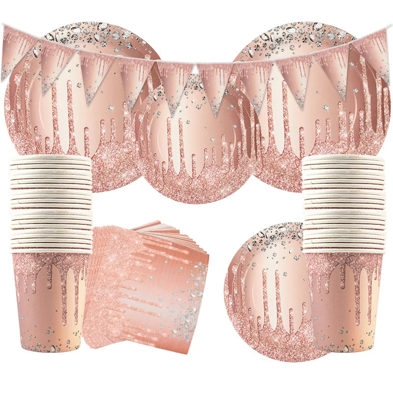 Rose Gold Disposable Tableware Diamond Pattern Paper Cups Plates Straws Table Decoration Wedding Birthday Party Supplies