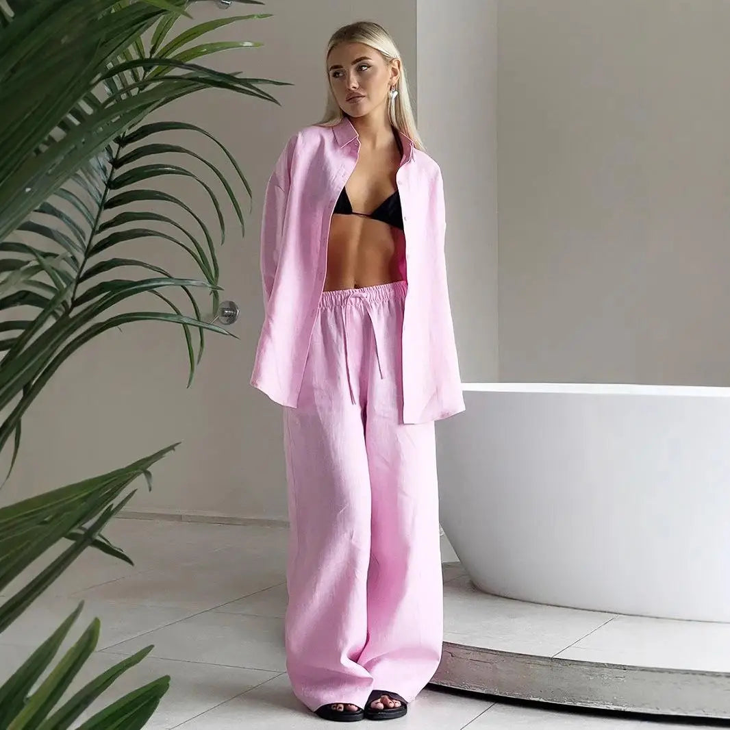 2026 Women Casual Solid Cotton Linen Pant Set Chic Laple Single Breasted Long Sleeve Shirt Elasticity Waist Pant New 2 Piece Set