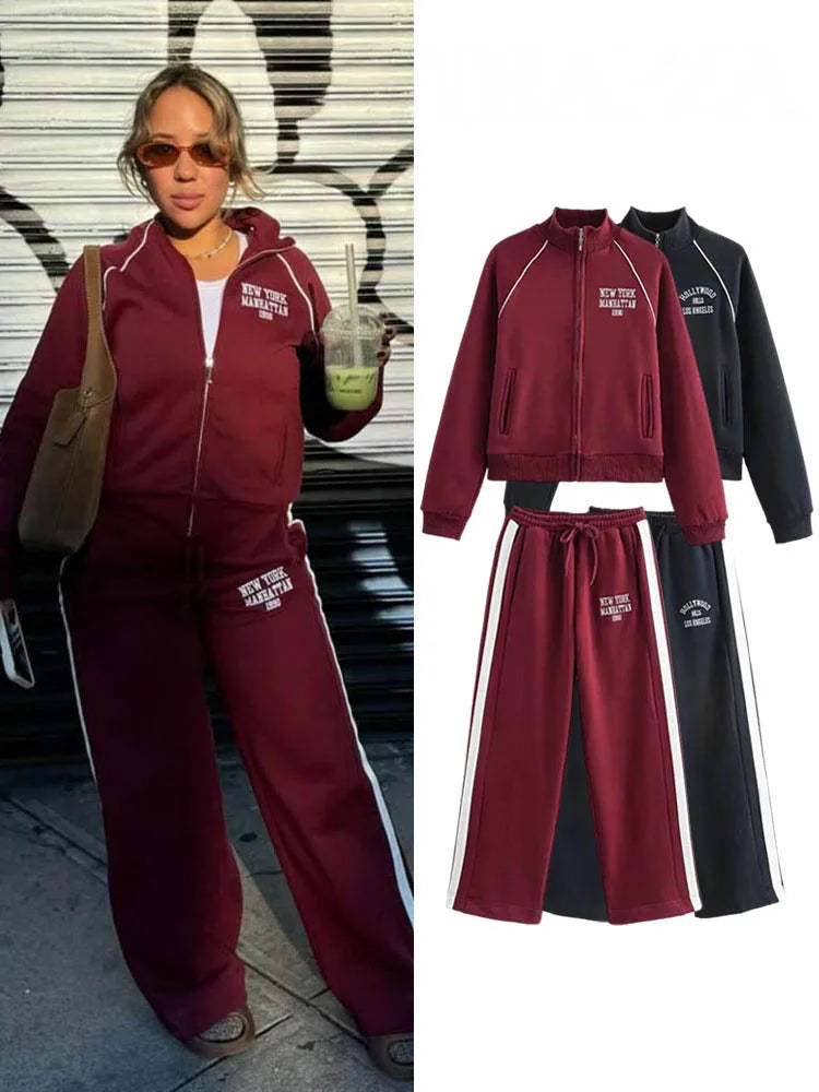 HH Women's Pant 2-Piece Set Female Fashion Versatile Printed Velvet Zip Jacket+Commuting Elastic Waist Belted Casual Pants