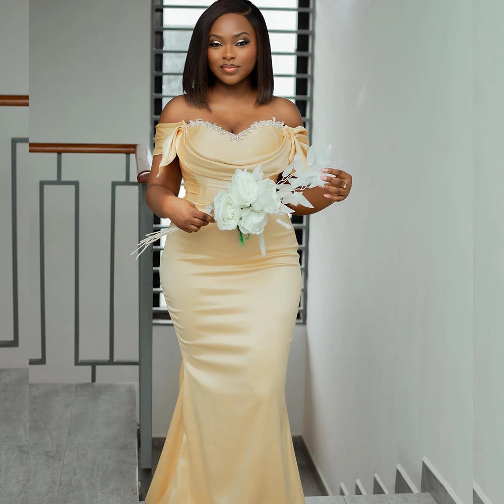 2026 Champagne Mermaid Bridesmaid Dresses Off Shoulder Sweep Train African Wedding Guest Gowns robes invitée mariage Customized