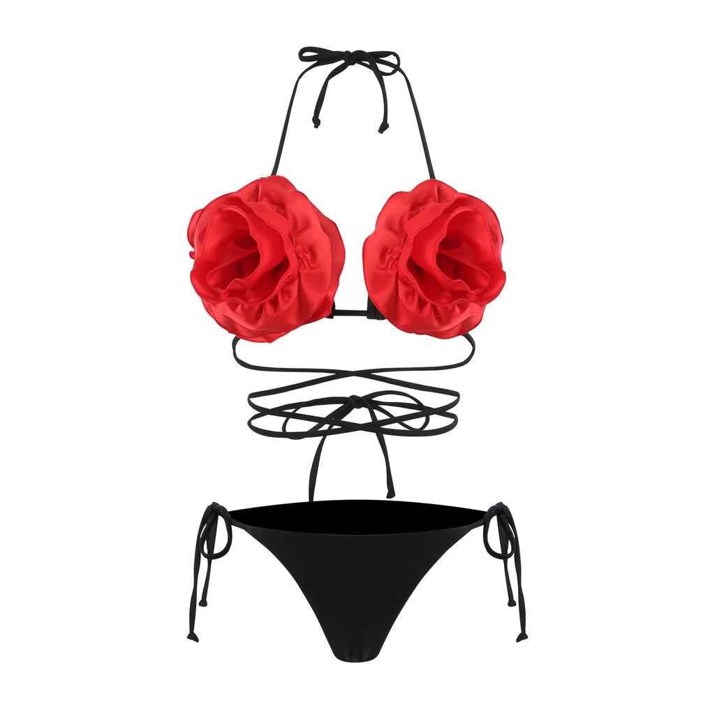 2024 Sexy 3D Flower Halter Neck Lace Up Brazilian Thong Bikinis Set for Women Summer Swimewear Beachwear Biqunis Mujer Resort