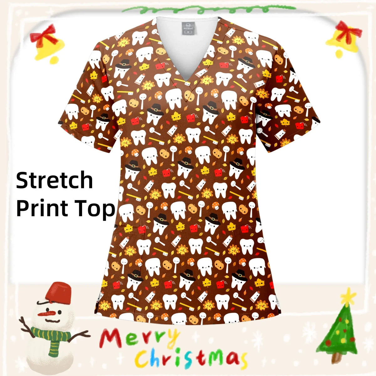 Christmas Print Surgery Top Women with Pocket V-Neck Scrub Uniform Spa Caring T-Shirt Pet Grooming Surgical Nurse Scrubs Uniform