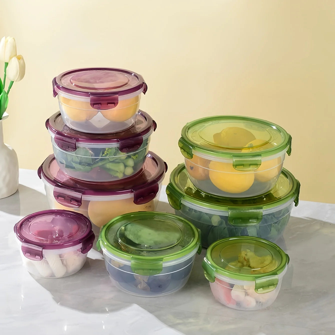 4Pcs Plastic Bowls with Lid Leakproof Food Storage Container Meal Prep Containers Bento Box, Microwave-Safe Round Lunch Boxes