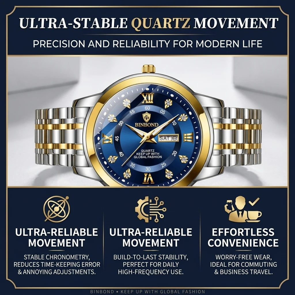 4pcs Men's Blue Gold Two-tone Stainless Steel Classic Diamond Accents Date Day Sunglasses Perfume Quartz Watch Gift Box Set