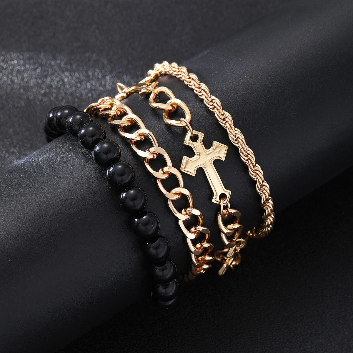 4 Pcs Stainless Steel Bracelet Set For Men Women Punk Fashion Cross Beads Chain Bracelets Simple Hip Hop Unisex Jewelry Gift New