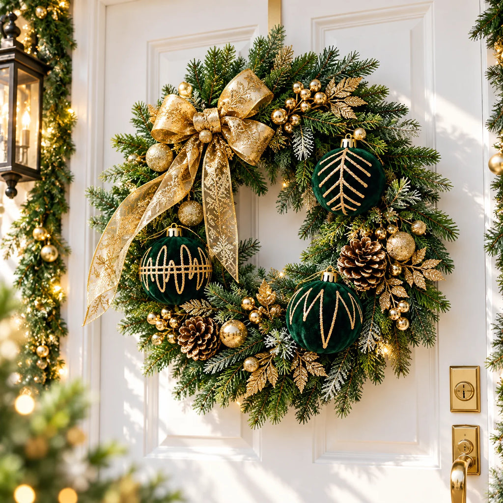 12 Pcs 6cm Emerald Velvet 4 Styles Gold Glitter Christmas Balls Shatterproof Xmas Tree Ornaments for Holiday Party Home Decor