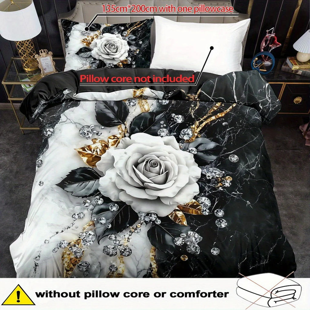 White Rose Black Marble Bedding Set Luxury 3D Print Duvet Cover Pillowcase Anti-Slip Durable For Bedroom Decor