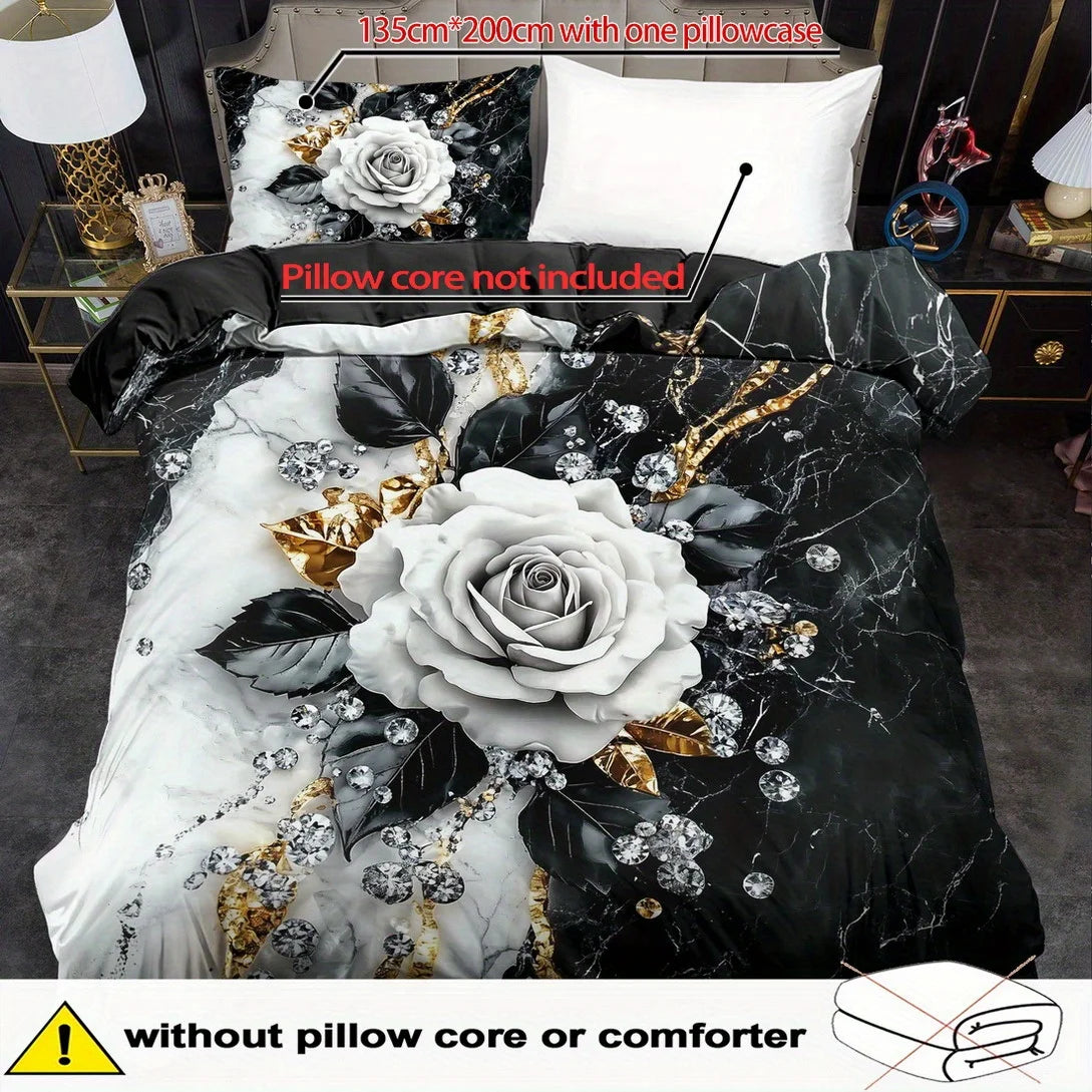 White Rose Black Marble Bedding Set Luxury 3D Print Duvet Cover Pillowcase Anti-Slip Durable For Bedroom Decor