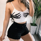 Gothic Skeleton Skeleton Print Crop Top Summer Women's Sexy Elastic Camis Female Strap Top Backless Vest Halloween Black Top