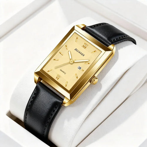 2pcs/set Mens Watches + Necklace Fashion Brand Square Quartz Watch for Man Business Casual Leather Belt Clock Men Gift Relogios