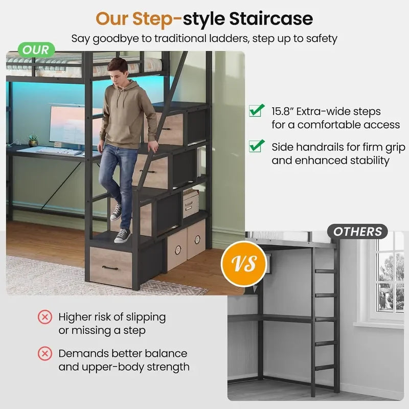 Twin Loft Bed with Storage Stairs Desk Power Strips LED Lights 8 Drawers Open Shelves Safety Guardrail for Kids Teens Adults