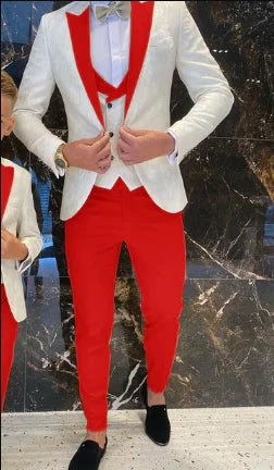 Father And Son Men Suits Groom Tuxedos 3 Pieces Cream White Floral Pattern Slim Fit Cocktail Party Business Suits Custom Made