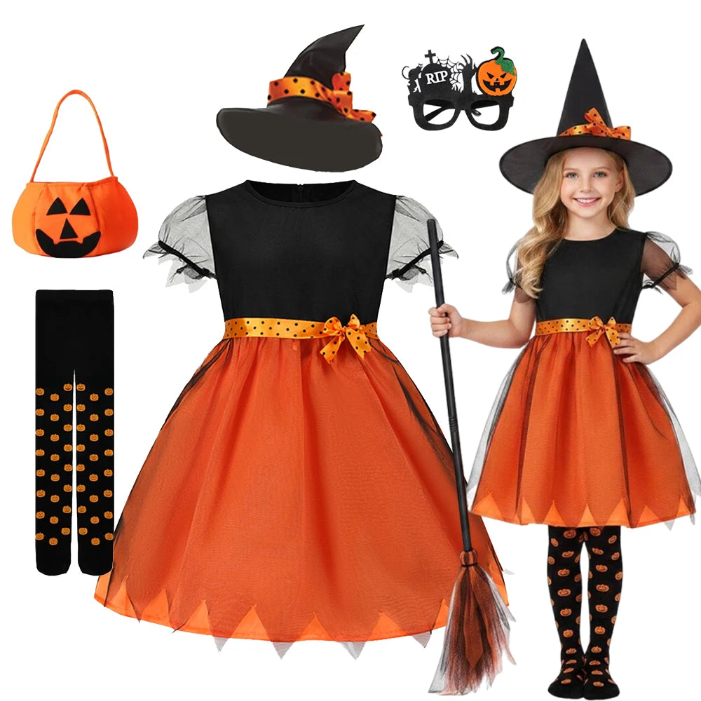 2026 Girls Halloween Cosplay Pumpkin Clothes Witch With Hat Costume Carnival Party Cosplay Dress Clothes Infant Costume