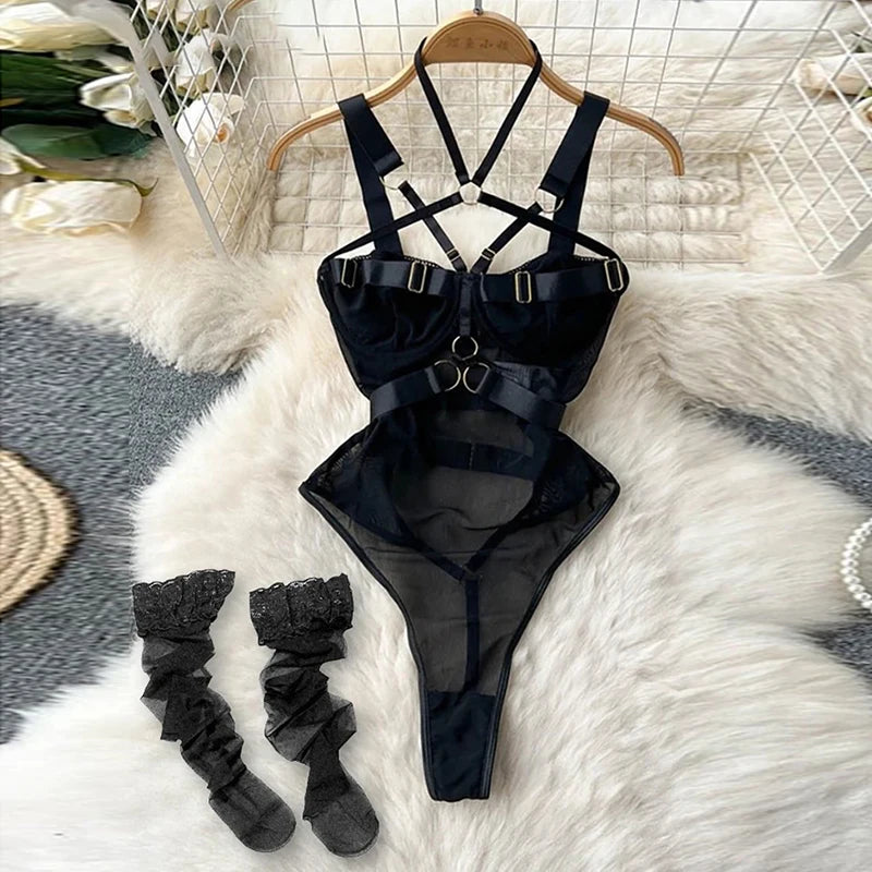 Valentine Party Sleepwear Combination Catsuits Slim Intimate Erotic Mesh Strappy Rompers Women Bodysuits Lingerie Sexy Sets