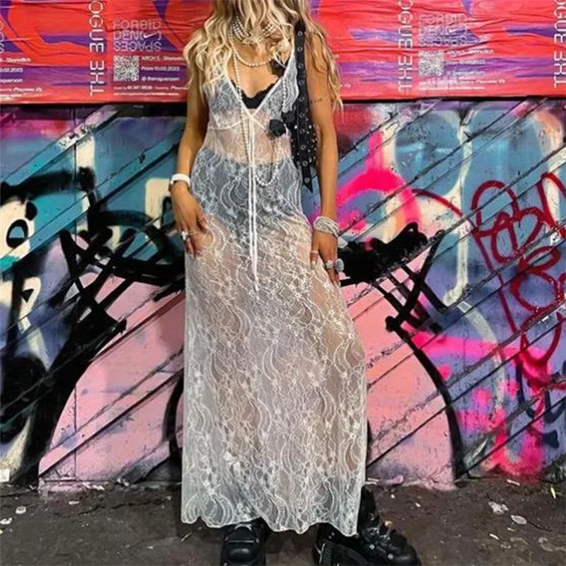 Deeptown Y2k Sexy Lace See Through Tank Women Dress Floral Sheer Sleeveless V Neck Long Dress Streetwear Fashion Party Dresses