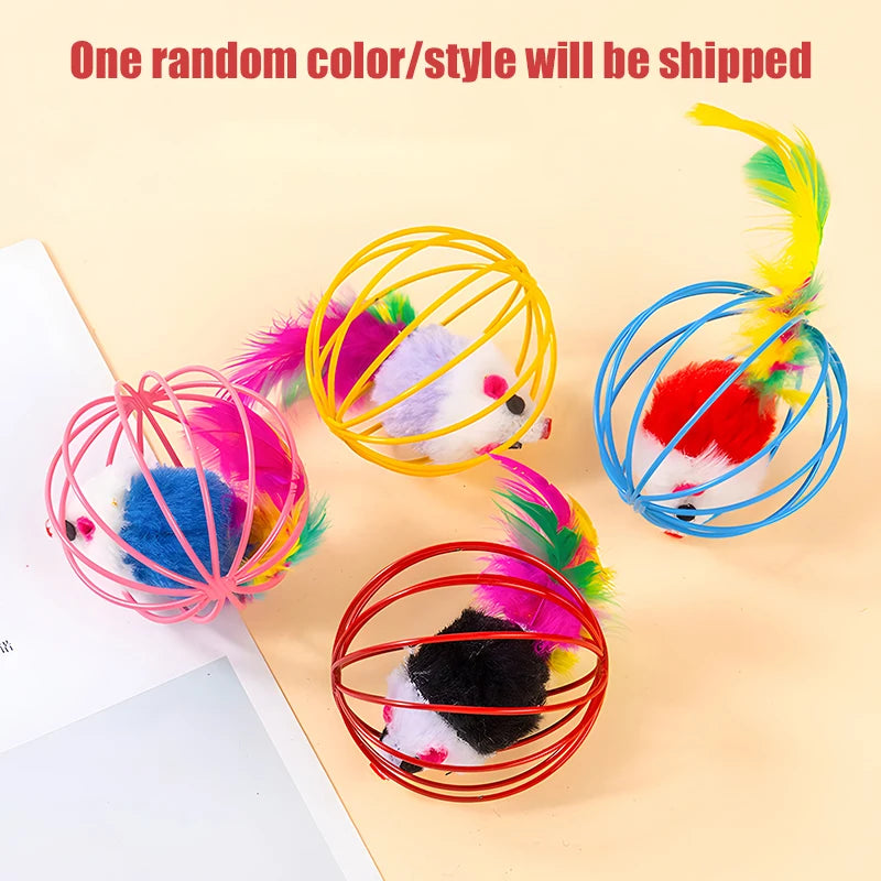 Interactive Cat Toy, Indoor Mouse Toy with Wire Cage for Tossing and Self Play, Boredom Buster for Cats