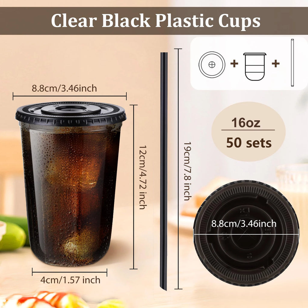 50 sets of 16oz (450ml) black transparent cups with lids and straws - disposable cold drink cups for iced coffee, milk tea, smoothies, and party events