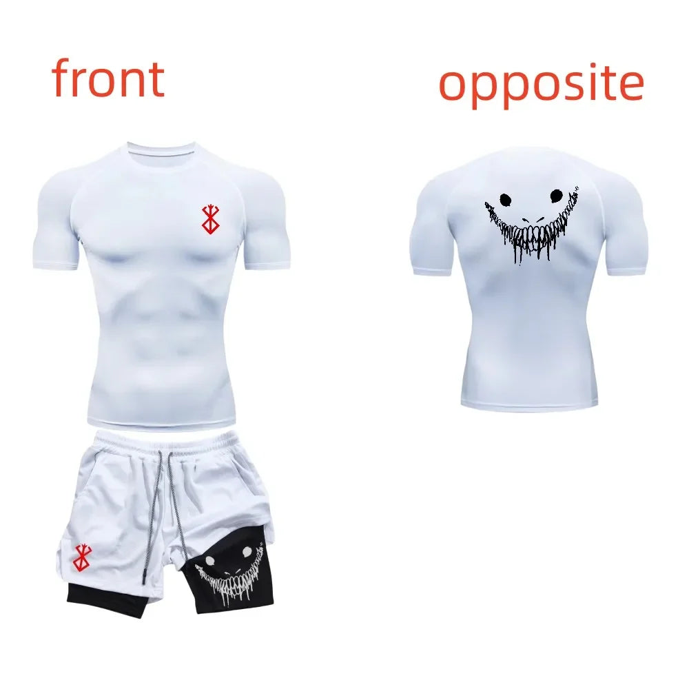 Men's fashionable casual fitness set, gym quick drying sportswear, shorts+shirt, 2-piece set, running, training, summer