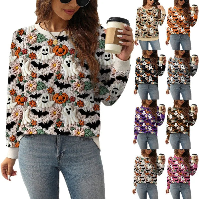 Autumn and Winter New Ghost Pumpkin Halloween Pullover Sweatshirt for Women, Plus Size