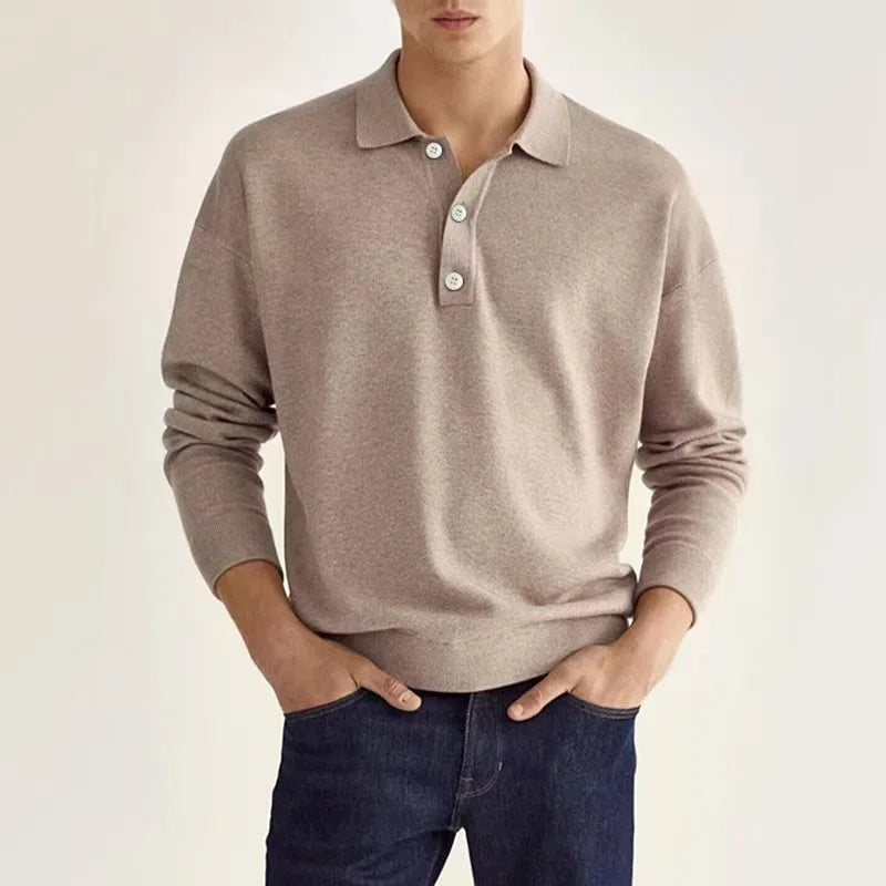 Men Long Sleeve Polo Shirt V Neck Button Up Casual Autumn Basic Solid Color Knitwear Tops For Men
