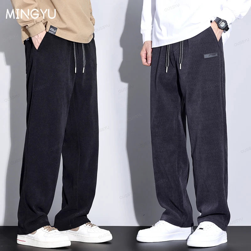 2024 New Autumn Winter Corduroy Pants Men Elastic Waist Business Straight Thick Outdoors Drawstring Jogging Casual Trousers Male