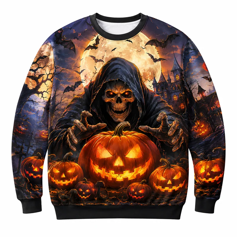 2026 New Pumpkin Skeleton Graphic Halloween Sweatshirts Fashion Holiday Wear Unisex Crew Neck Sweater Loose Streetwear Pullovers