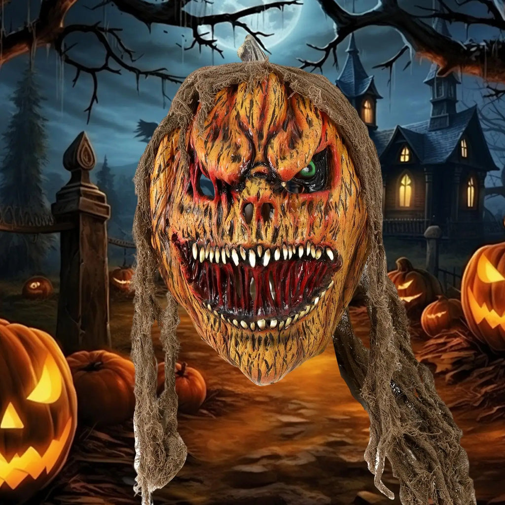Horror Pumpkin Masquerade Mask Latex Cosplay Face Cover Creepy Halloween Costume for Carnival Party Role Play Performance