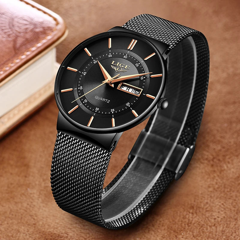 LIGE 2024 Luxury Men Watches Waterproof Ultra Thin Date Clock Male Steel Strap Casual Quartz Watch Men Sports Wrist Watch Man