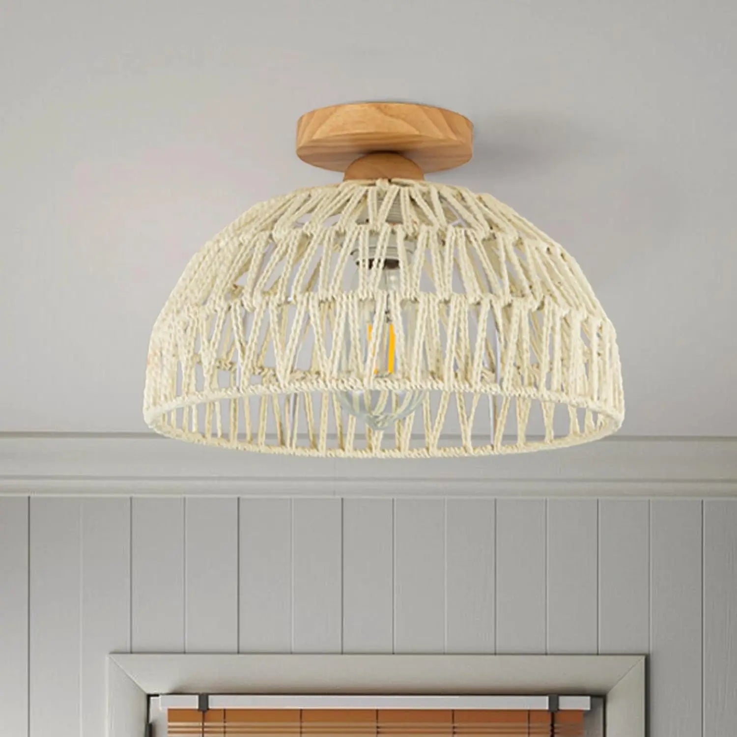 23/30cm Rattan Ceiling Light Fixtures Boho Chandeliers Lights Cream White/Beige/Black semi Flush Mount Ceiling Lamps for hallway