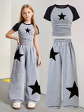 Girls' Clothing, 2-Piece Girls' Set, Five-Pointed Star Pattern, Gray Wide-Leg Sweatpants, Suitable for Spring, Autumn, and Summer, Loose Two-Piece Outfit for Going Out, Versatile for Home and Casual Wear