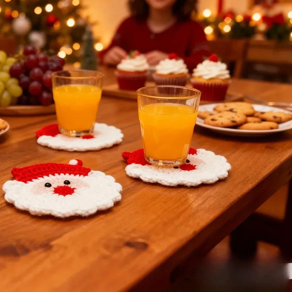 Christmas Santa Coasters Handmade Crochet Mug Mats Set Holiday Table Decoration Gift for Her Christmas Decorations for Home