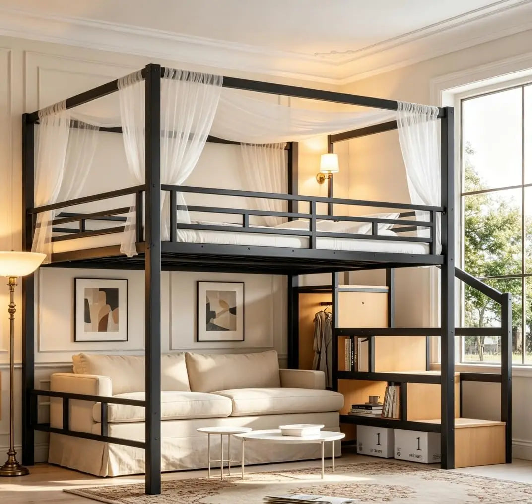Bellemave Queen loft Bed with Storage Stairs, Wardrobe, Canopy Support Pole, Metal Queen Loft Bed Frame for Adults, Kids, Teens,