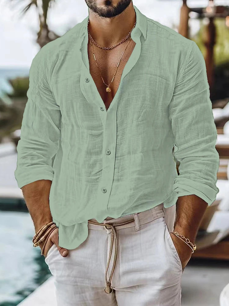 Casual Breathable Loose Cotton Linen Shirt Mens Spring Autumn Leisure Solid Color Cardigan Tops Men Vintage Button Lapel Shirts