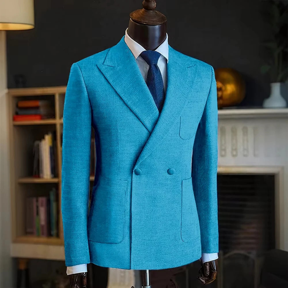 Luxury Men's Classic Suit Blazer Linen Double Breasted Notch Lapel Formal Groom Wedding Dress Jacket Lightweight Sport Coat