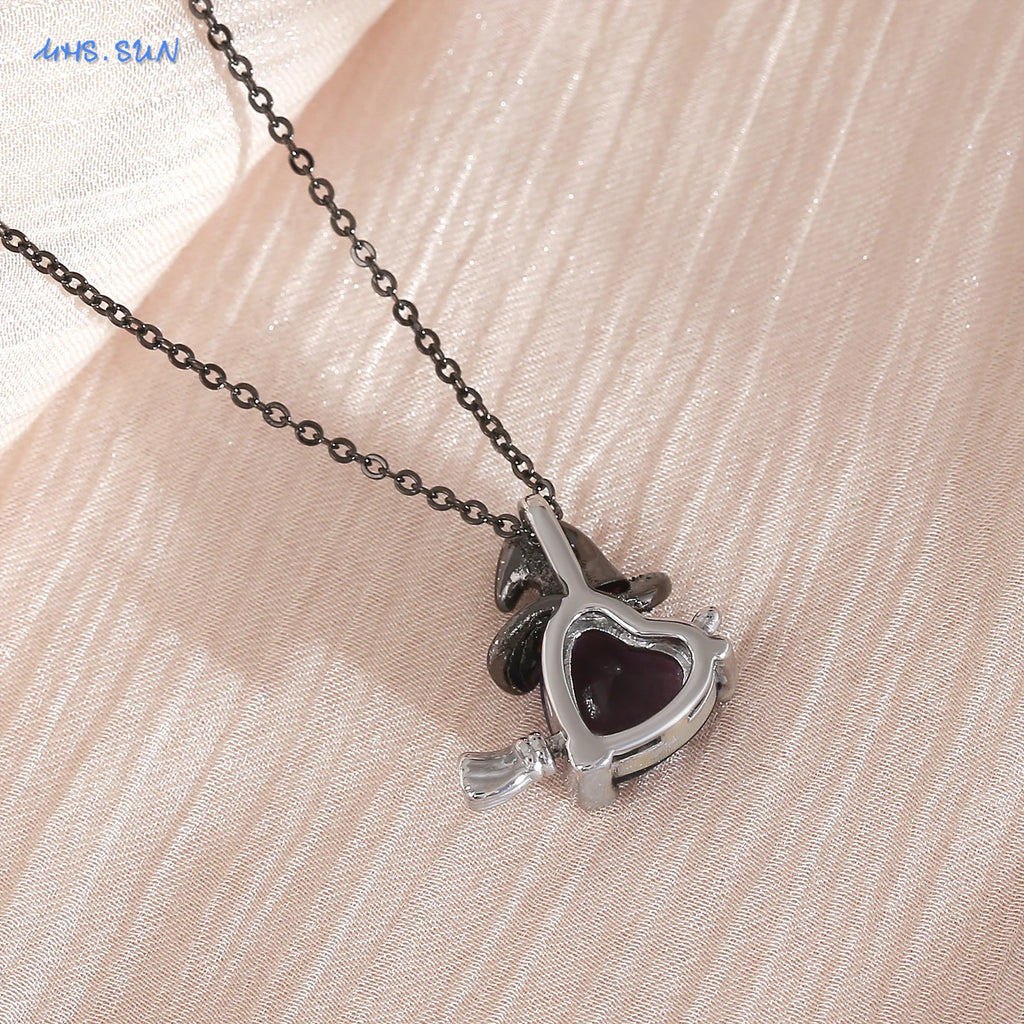 MHS.SUN Gothic Black Witch Hat Broom Pendant Necklace for Women Vintage Purple Zircon Heart Halloween Jewelry Festival Gifts