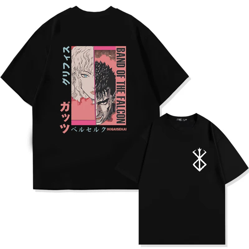 Japan Anime Berserk T-Shirt Guts Print Graphic Tee Men's 90s Summer Short Sleeve Casual Manga Dark Fantasy Black Swordsman Style