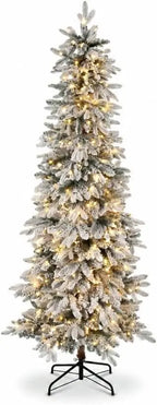 Garvee 6/7ft Pre-Lit White Snow Flocked Slim Pencil Christmas Tree PVC Realistic Tree with Metal Stand Flame Retardant Space Saving Holiday Decor Snow-Flocked Drooping Branches, 8 Light Functions, Slim Pencil Shape