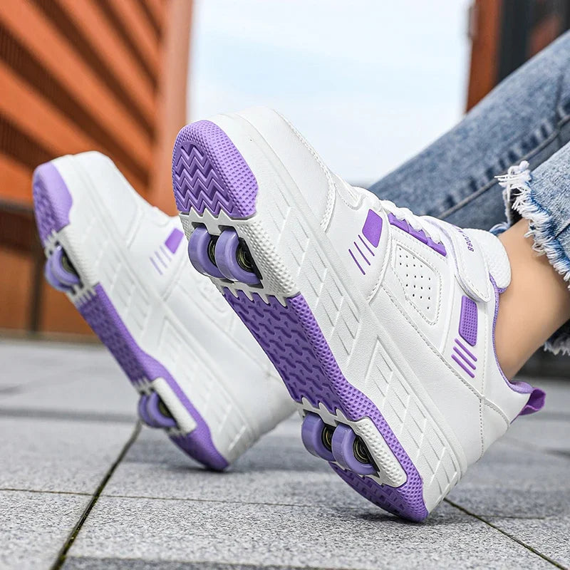 Kids Roller Skate Shoes 4 Wheels Hook Loop Strap Deformation Sneakers Breathable Outdoor Skating Shoes Boys Girls Size 29-40