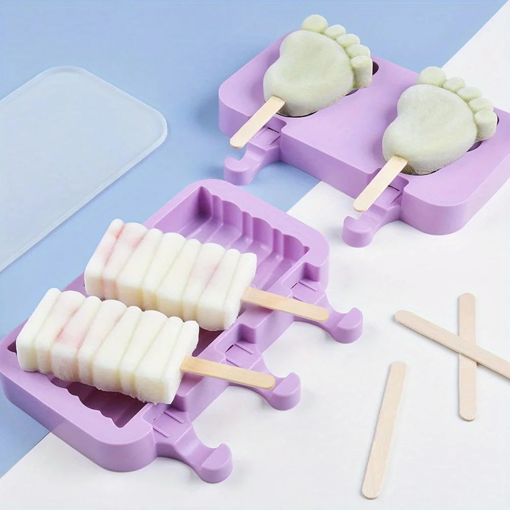 Silicone Ice Cream Mold Popsicle Siamese Molds with Lid DIY Reusable Ice Lolly Mold Cartoon Cute Image Handmade Easy Release
