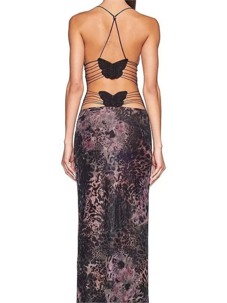 Y2k Streetwear Sexy Long Dress Women's Vintage Low Cut Vestidos Butterfly Design Backless Sleeveless Bodycon Printed Dresses