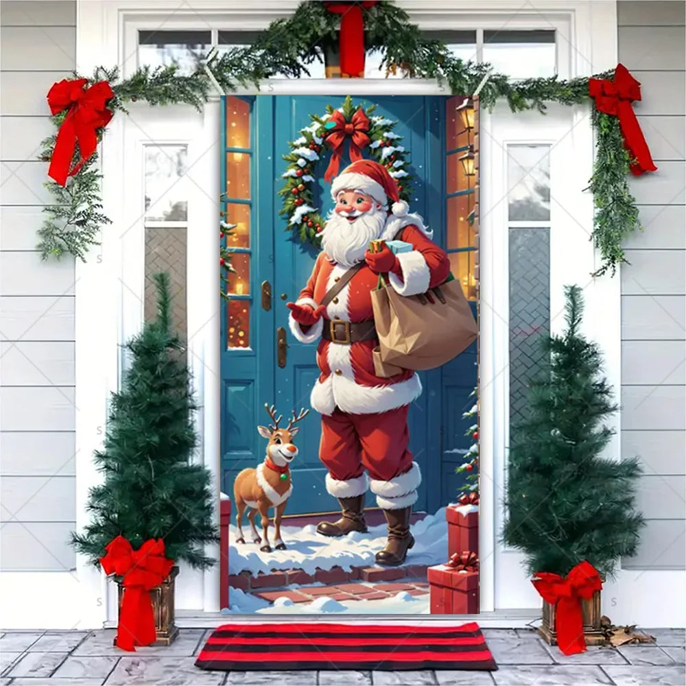 Christmas Theme Santa Claus Santa Dog Snowman Door Cover Banner Festive Party Decoration Supplies Photography Props Xmas Gifts